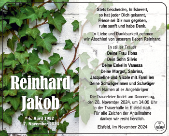 Traueranzeige von Reinhard Jakob von Südthüringer Presse