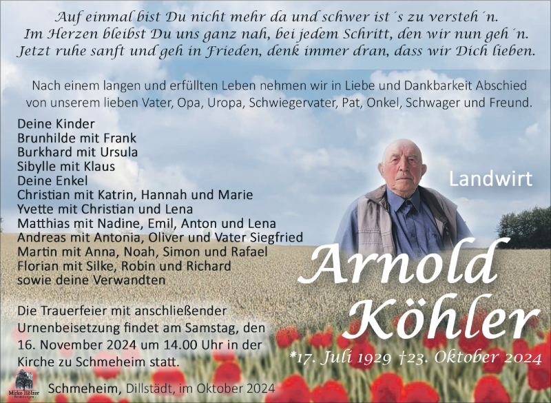  Traueranzeige für Arnold Köhler vom 09.11.2024 aus Südthüringer Presse