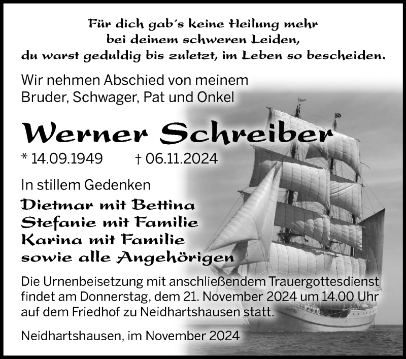  Traueranzeige für Werner Schreiber vom 15.11.2024 aus Südthüringer Presse
