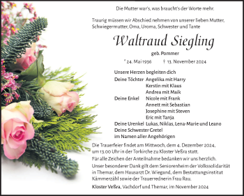 Traueranzeige von Waltraud Siegling von Südthüringer Presse