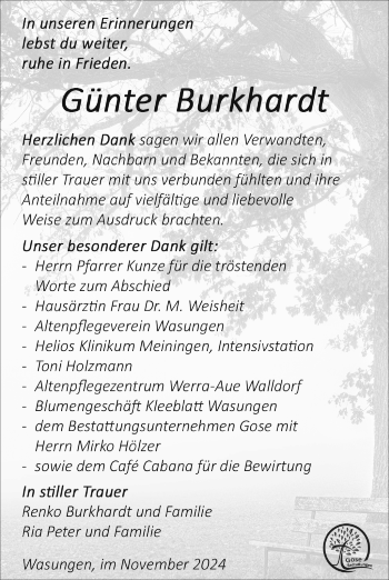Traueranzeige von Günter Burkhardt von Südthüringer Presse