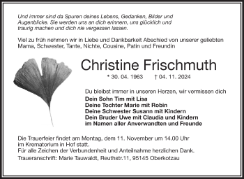 Traueranzeige von Christine Frischmuth von Frankenpost