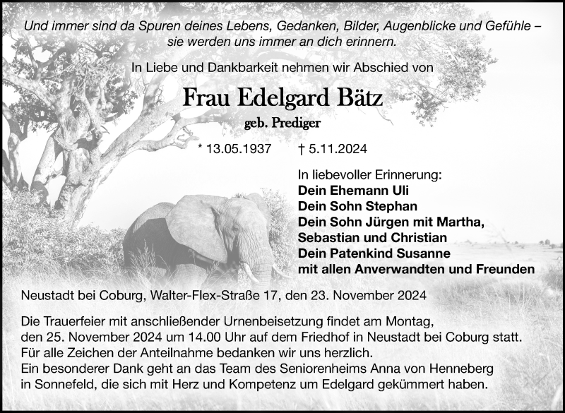  Traueranzeige für Edelgard Bätz vom 23.11.2024 aus Neue Presse Coburg