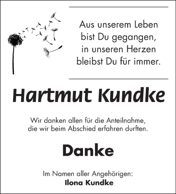 Traueranzeige von Hartmut Kundke von Südthüringer Presse