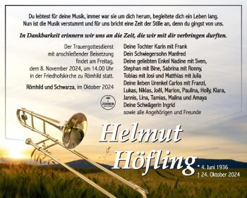Traueranzeige von Helmut Höfling von Südthüringer Presse