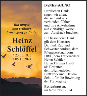 Traueranzeige von Heinz Schlöffel von Südthüringer Presse