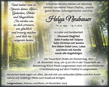 Traueranzeige von Helga Neubauer von Südthüringer Presse