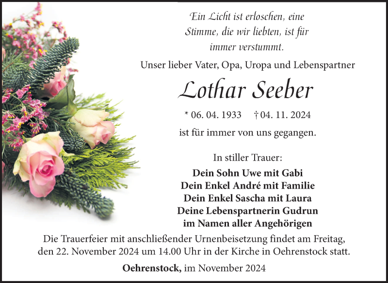  Traueranzeige für Lothar Seeber vom 16.11.2024 aus Südthüringer Presse