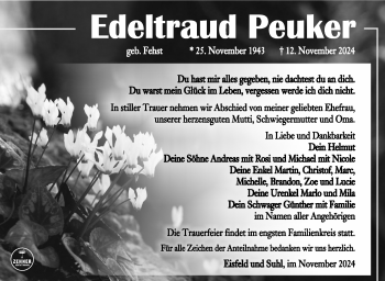 Traueranzeige von Edetraud Peuker von Südthüringer Presse