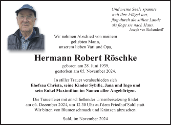 Traueranzeige von Hermann Röschke von Südthüringer Presse