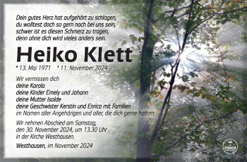Traueranzeige von Heiko Klett von Südthüringer Presse