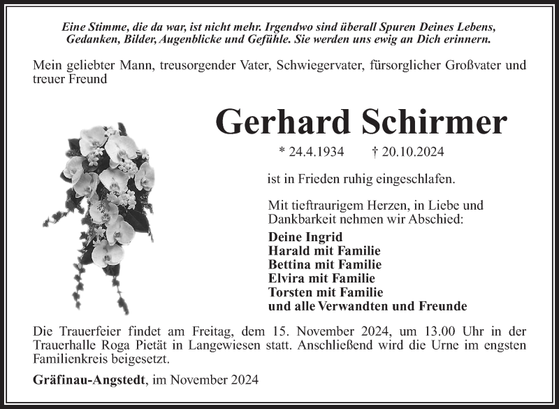  Traueranzeige für Gerhard Schirmer vom 08.11.2024 aus Südthüringer Presse