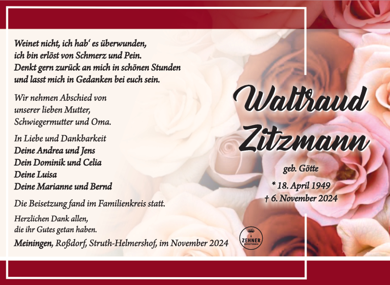  Traueranzeige für Waltraud Zitzmann vom 15.11.2024 aus Südthüringer Presse