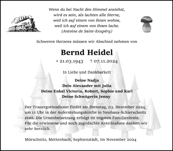 Traueranzeige von Bernd Heidel von Südthüringer Presse