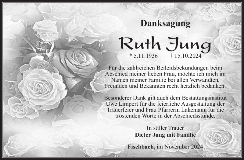  Traueranzeige für Ruth Jung vom 08.11.2024 aus Südthüringer Presse