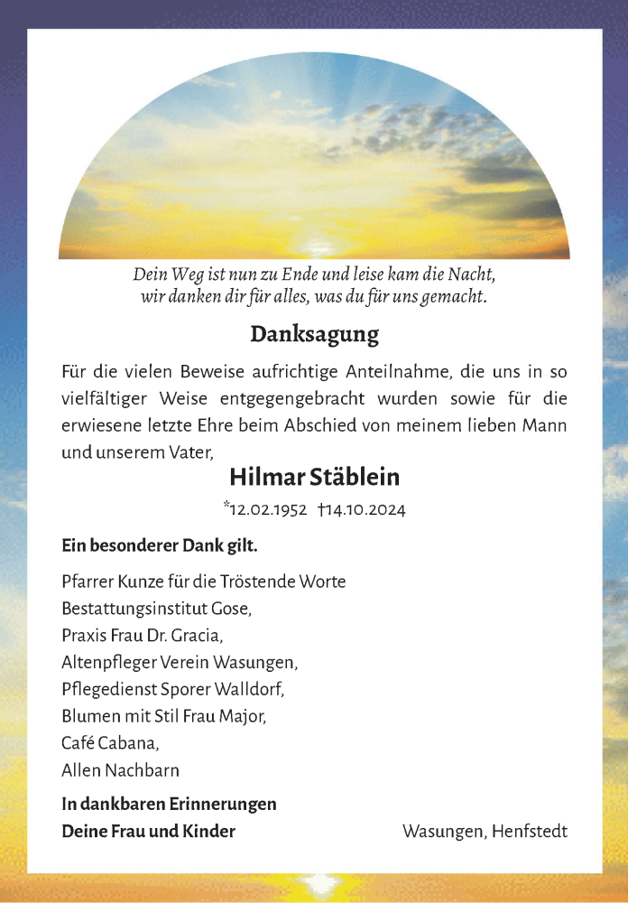  Traueranzeige für Hilmar Stäblein vom 02.11.2024 aus Südthüringer Presse
