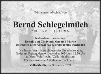 Traueranzeige von Bernd Schlegelmilch von Südthüringer Presse