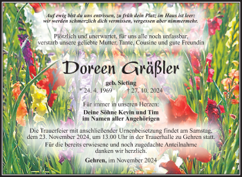 Traueranzeige von Doreen Gräßler von Südthüringer Presse