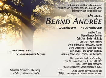 Traueranzeige von Bernd Andrée von Südthüringer Presse