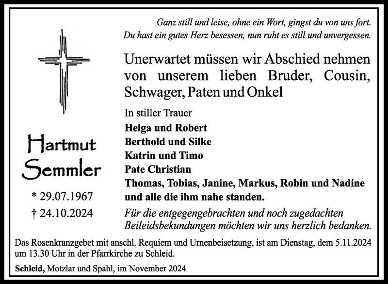  Traueranzeige für Hartmut Semmler vom 01.11.2024 aus Südthüringer Presse
