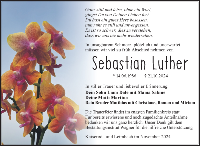  Traueranzeige für Sebastian Luther vom 16.11.2024 aus Südthüringer Presse