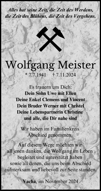 Traueranzeige von Wolfgang Meister von Südthüringer Presse