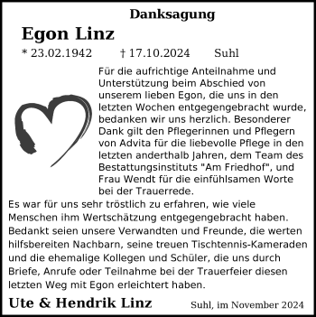 Traueranzeige von Egon Linz von Südthüringer Presse
