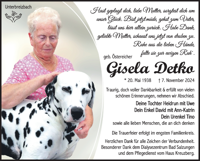  Traueranzeige für Gisela Detko vom 23.11.2024 aus Südthüringer Presse