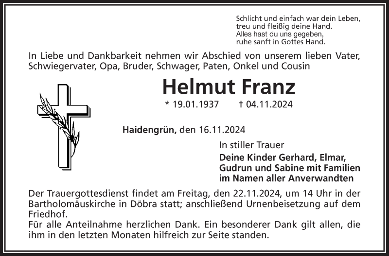  Traueranzeige für Helmut Franz vom 16.11.2024 aus Frankenpost