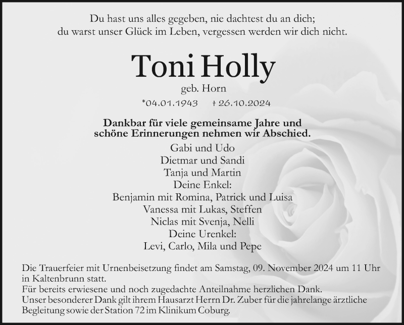  Traueranzeige für Toni Holly vom 02.11.2024 aus Neue Presse Coburg