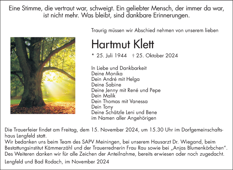  Traueranzeige für Hartmut Klett vom 09.11.2024 aus Südthüringer Presse