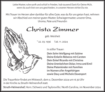 Traueranzeige von Christa Zimmer von Südthüringer Presse