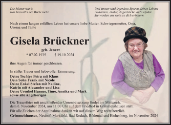 Traueranzeige von Gisela Brückner von Südthüringer Presse