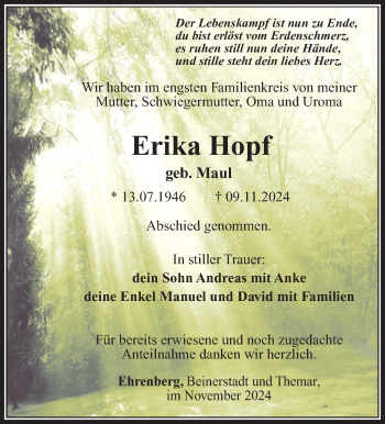 Traueranzeige von Erika Hopf von Südthüringer Presse