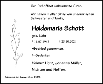 Traueranzeige von Heidemarie Schott von Südthüringer Presse