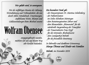 Traueranzeige von Wolfram Übensee von Südthüringer Presse