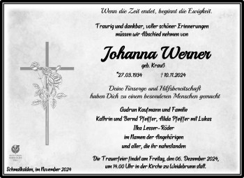 Traueranzeige von Johanna Werner von Südthüringer Presse