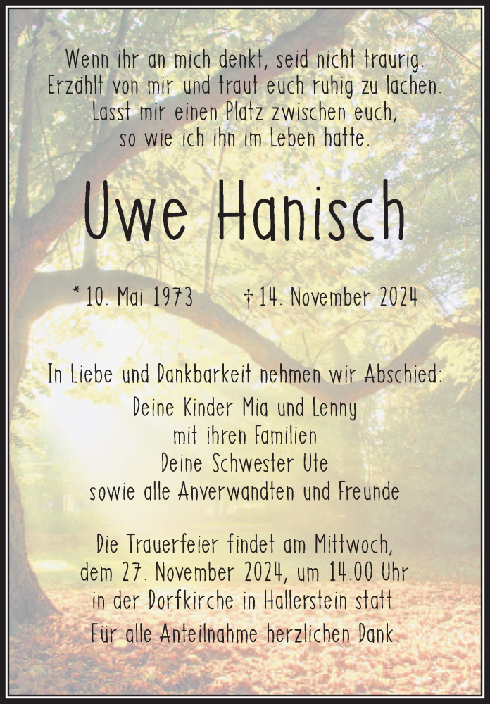  Traueranzeige für Uwe Hanisch vom 23.11.2024 aus Frankenpost
