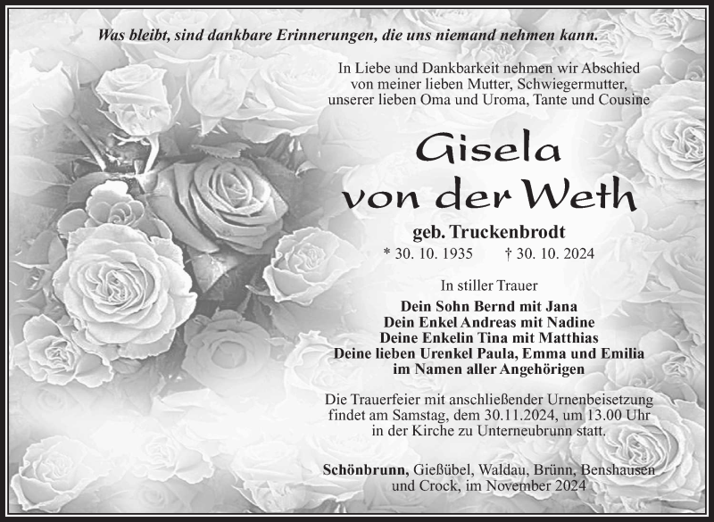  Traueranzeige für Gisela von der Weth vom 09.11.2024 aus Südthüringer Presse
