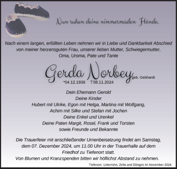 Traueranzeige von Gerda Norbey von Südthüringer Presse