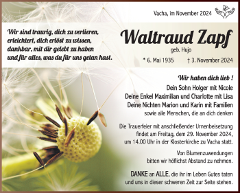 Traueranzeige von Waltraud Zapf von Südthüringer Presse