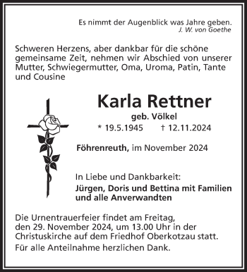 Traueranzeige von Karla Rettner von Frankenpost