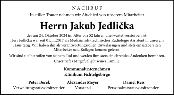 Traueranzeige von Jakub Jedlicka von Frankenpost