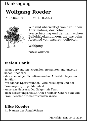 Traueranzeige von Wolfgang Roeder von Südthüringer Presse