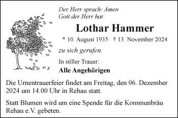 Traueranzeige von Lothar Hammer von Frankenpost