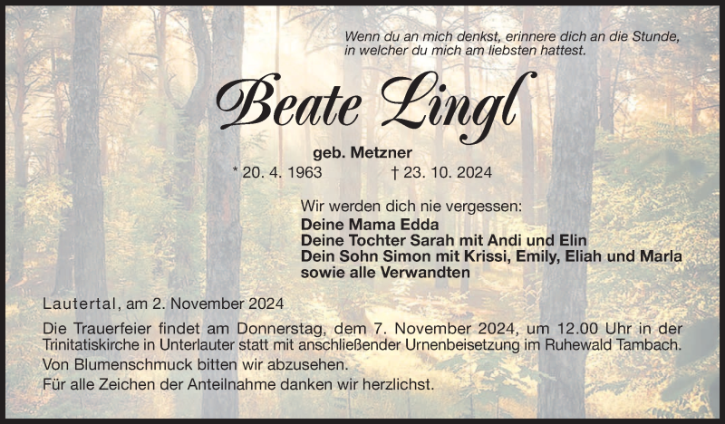  Traueranzeige für Beate Lingl vom 02.11.2024 aus Neue Presse Coburg