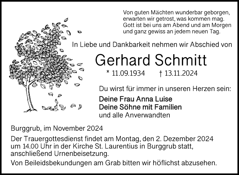  Traueranzeige für Gerhard Schmitt vom 23.11.2024 aus Neue Presse Coburg