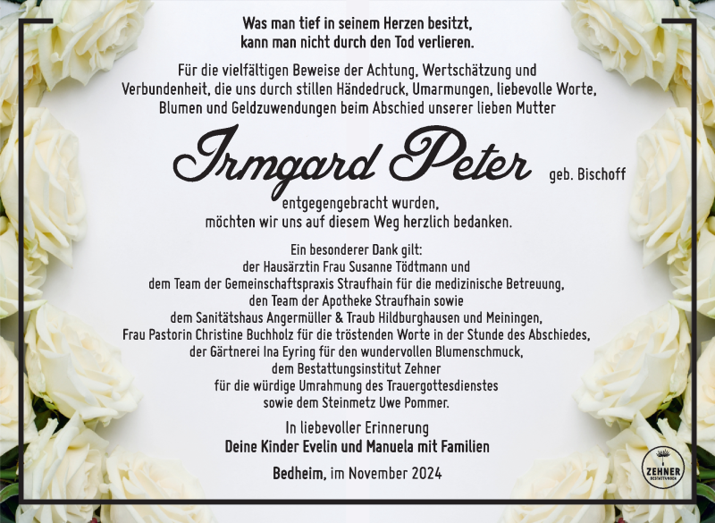  Traueranzeige für Irmgard Peter vom 30.11.2024 aus Südthüringer Presse