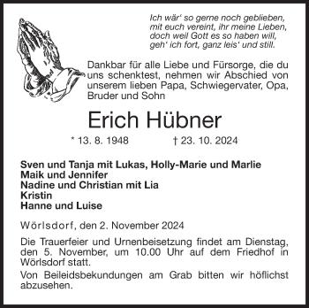 Traueranzeige von Erich Hübner von Neue Presse Coburg