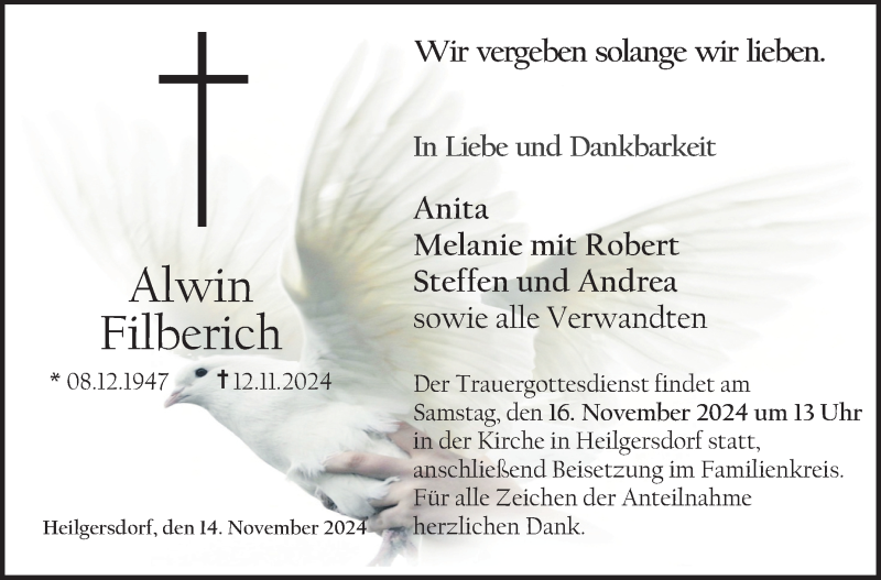  Traueranzeige für Alwin Filberich vom 14.11.2024 aus Neue Presse Coburg